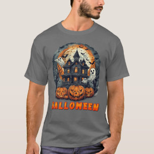 Haunted House with Pumpkins, Ghosts, and Full Moon T-Shirt