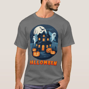 Haunted House with Pumpkins, Ghosts, and Full Moon T-Shirt