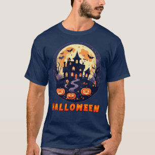 Haunted House with Pumpkins, Ghosts, and Full Moon T-Shirt