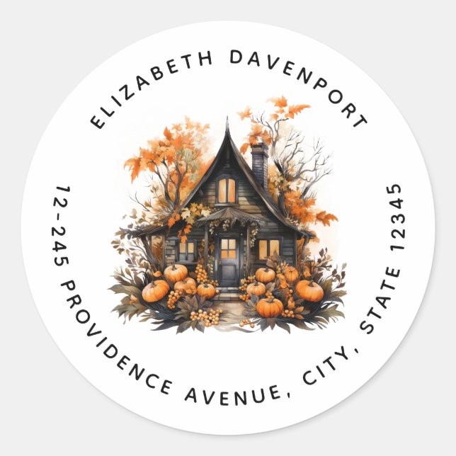  Haunted House with Pumpkins Halloween Address Classic Round Sticker (Front)