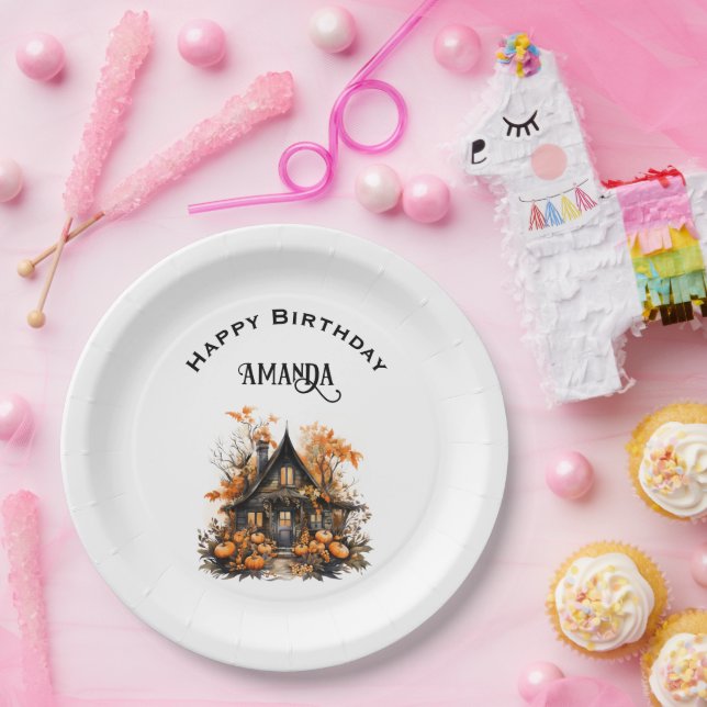 Haunted House with Pumpkins Halloween Birthday Paper Plate (Party)