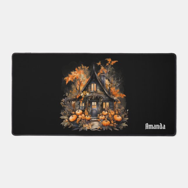 Haunted House with Pumpkins Halloween Desk Mat (Front)