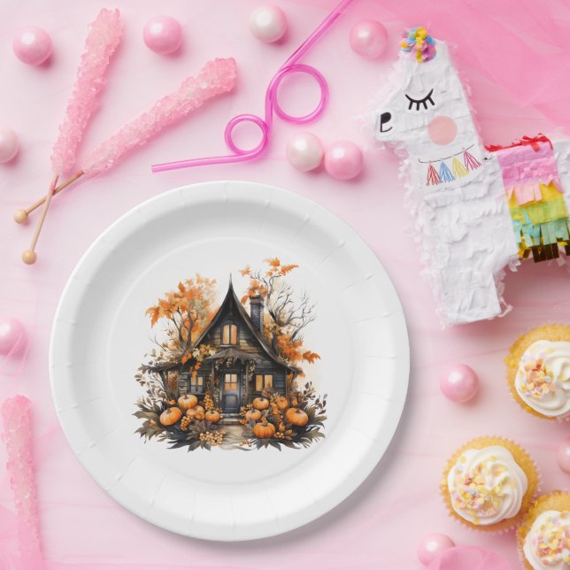 Haunted House with Pumpkins Halloween Paper Plate (Party)
