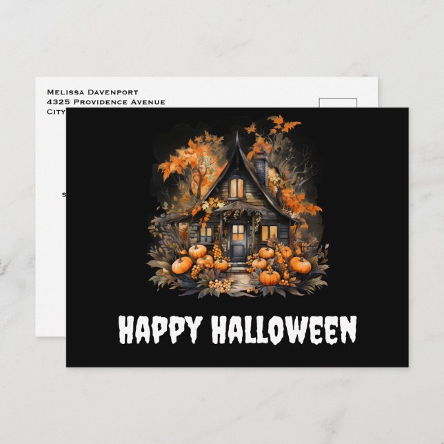 Haunted House with Pumpkins Halloween Postcard (Front/Back)