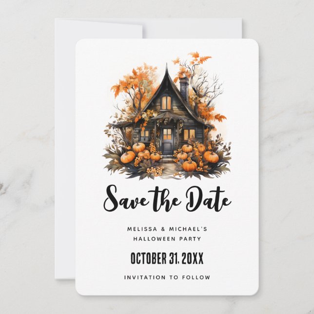 Haunted House with Pumpkins Halloween Save The Date (Front)