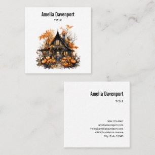 Haunted House with Pumpkins Halloween Square Business Card