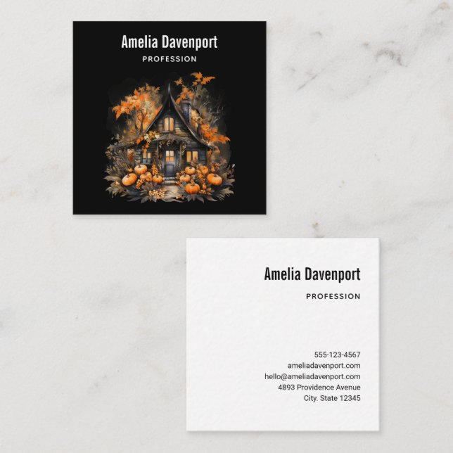 Haunted House with Pumpkins Halloween Square Business Card (Front/Back)