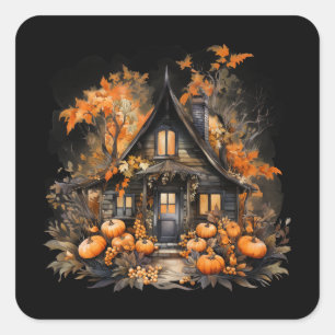 Haunted House with Pumpkins Halloween Square Sticker