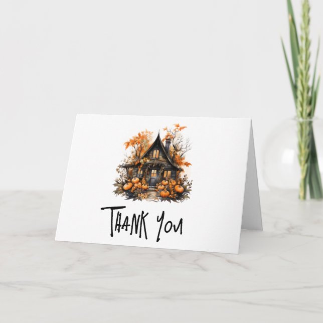 Haunted House with Pumpkins Halloween Thank You Card (Front)