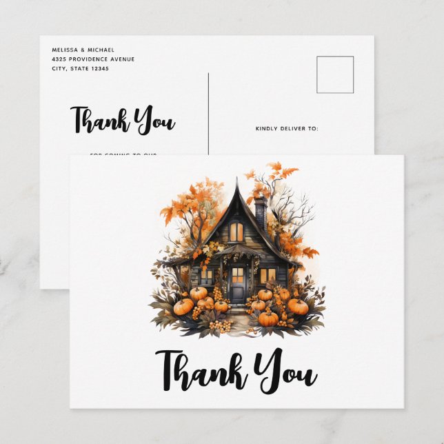 Haunted House with Pumpkins Halloween Thank You Postcard (Front/Back)