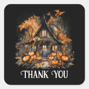 Haunted House with Pumpkins Halloween Thank You Square Sticker