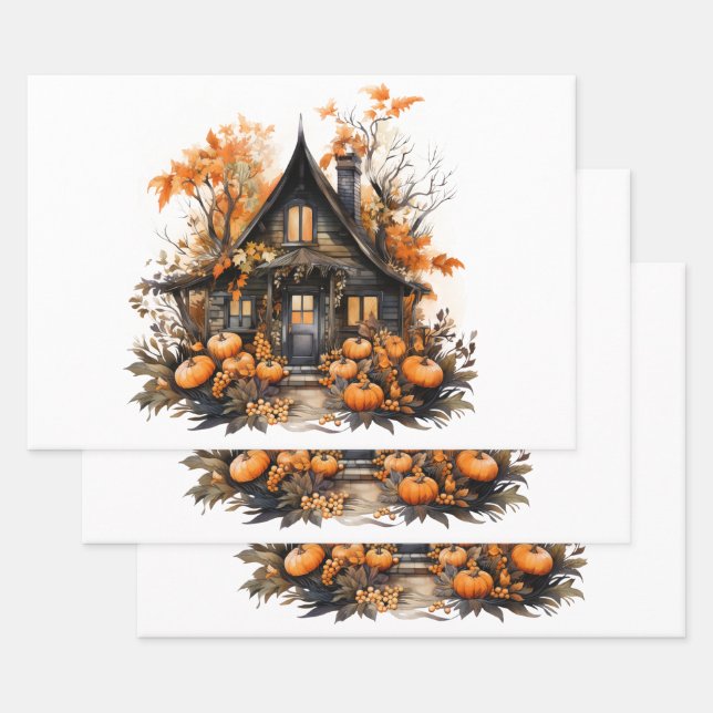 Haunted House with Pumpkins Halloween Wrapping Paper Sheet (Set)