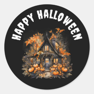 Haunted House with Pumpkins Happy Halloween Classic Round Sticker