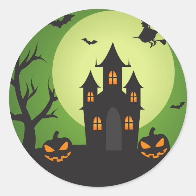 Haunted House with Spooky Pumpkins Halloween Classic Round Sticker (Front)