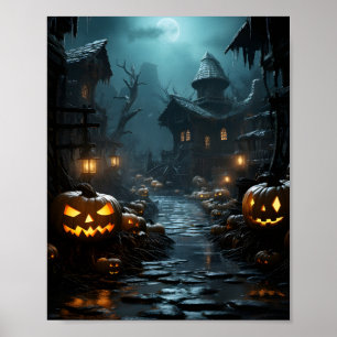 Haunted House With Trees And Pumkins Around Scary  Poster