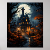 Haunted House With Trees Around Halloween Night