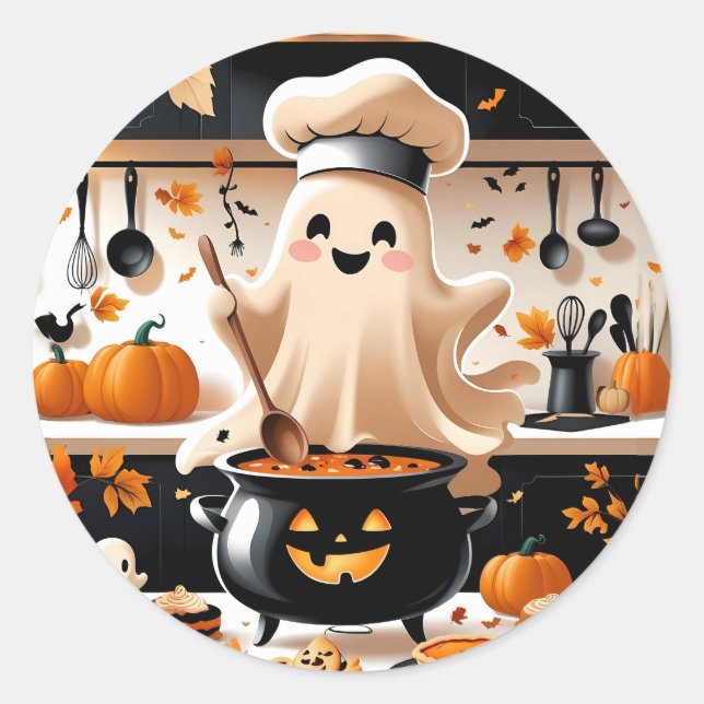 Haunted & Hungry – Kawaii Ghost Chef in the Kitche Classic Round Sticker (Front)