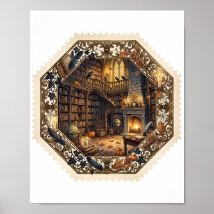 Haunted Library Halloween Stamp Vintage Art Poster