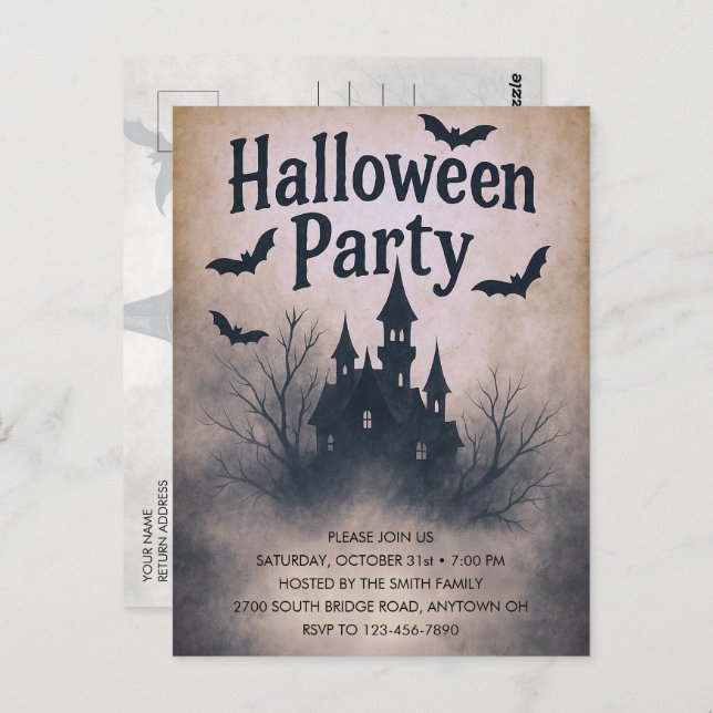 Haunted Manor Halloween Party Invitation  Postcard (Front/Back)