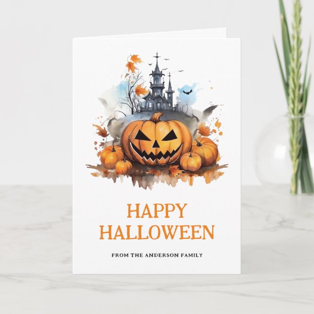 Haunted Mansion Bats Pumpkins Photo Halloween Card (Front)