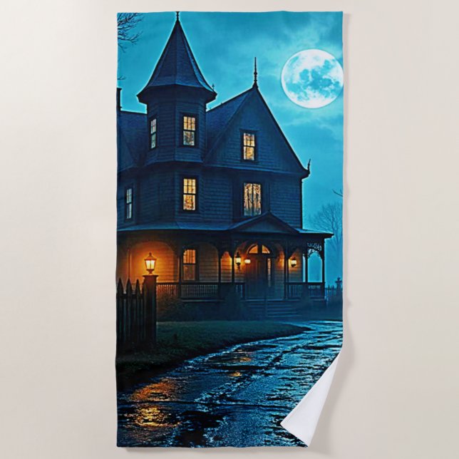 Haunted Mansion Blue Moonlight Night Design Beach Towel (Front)