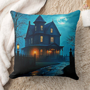 Haunted Mansion Blue Moonlight Night Design Cushion