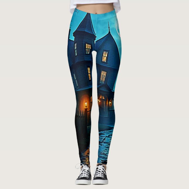 Haunted Mansion Blue Moonlight Night Design Leggings (Front)