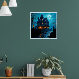 Haunted Mansion Blue Moonlight Night Design Poster
