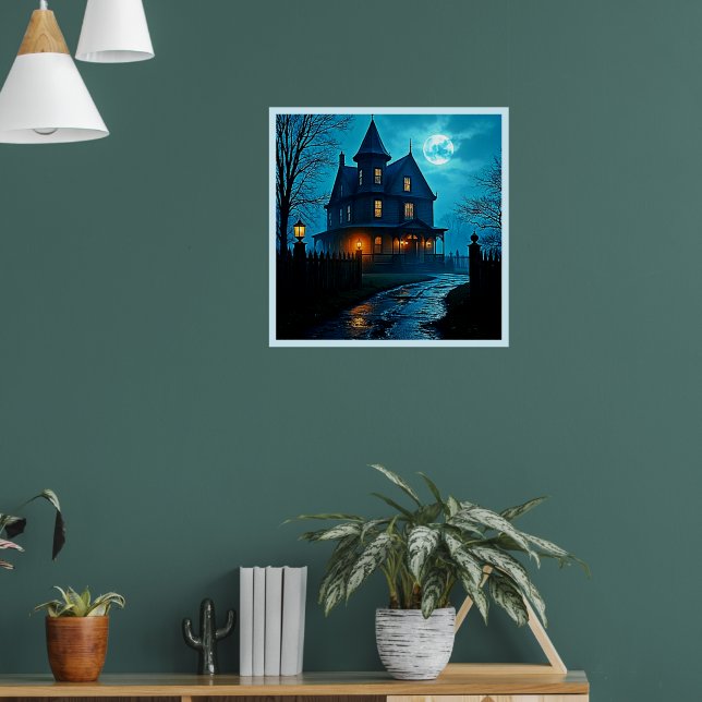 Haunted Mansion Blue Moonlight Night Design Poster (Living Room 1)