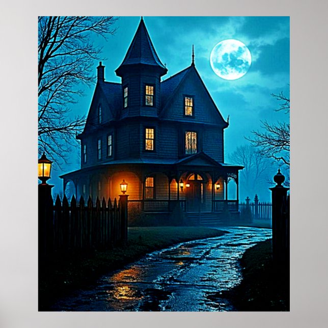 Haunted Mansion Blue Moonlight Night Design Poster (Front)