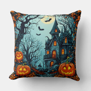 Haunted Mansion Illustration with Jack-O-Lanterns Cushion