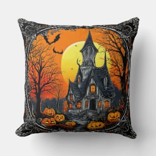 Haunted Mansion Illustration with Jack-O-Lanterns Cushion