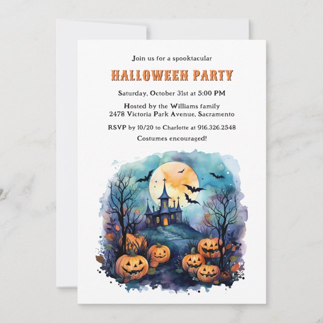 Haunted Mansion Moon Bats Pumpkins Halloween Party Invitation (Front)