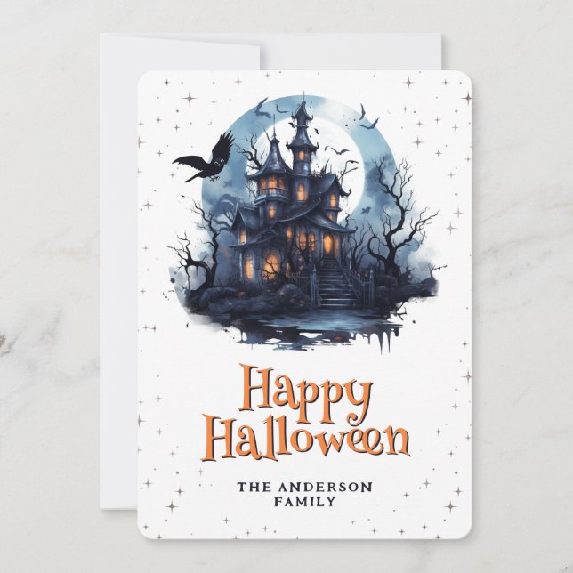 Haunted Mansion Raven Bats Moon Happy Halloween Holiday Card (Front)