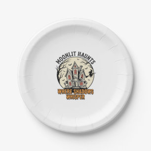 Haunted Moon Shirt Vintage Engraving Spooky House Paper Plate