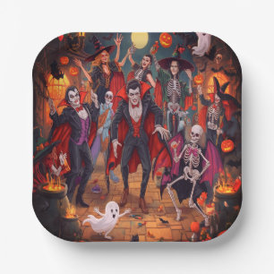Haunted Night with Dracula For Halloween Paper Plate