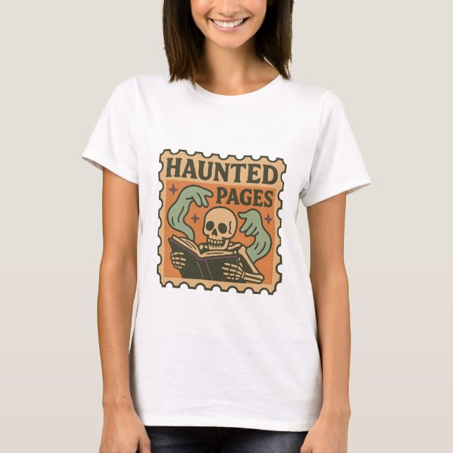 Haunted Pages T-Shirt – Gothic Academia Skeleton  (Front)