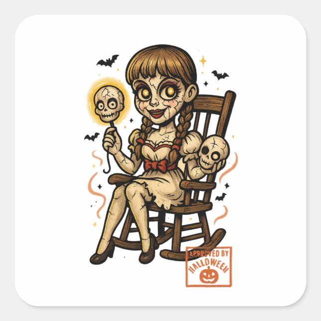 Haunted Pin-Up Doll – Creepy Cute Halloween Square Sticker (Front)