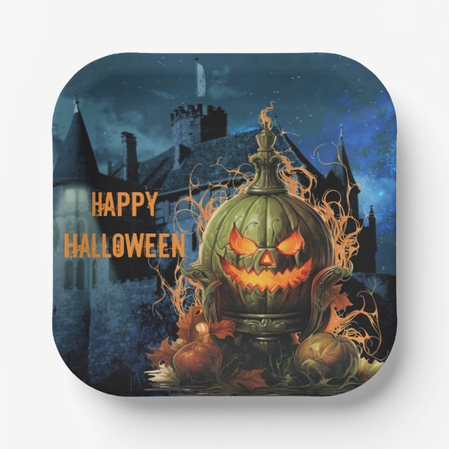 Haunted Pumpkin and Mansion Halloween   Paper Plate (Front)