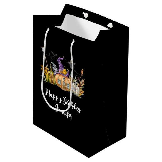 Haunted Pumpkin House with Ghost & Bats Birthday Medium Gift Bag (Front Angled)