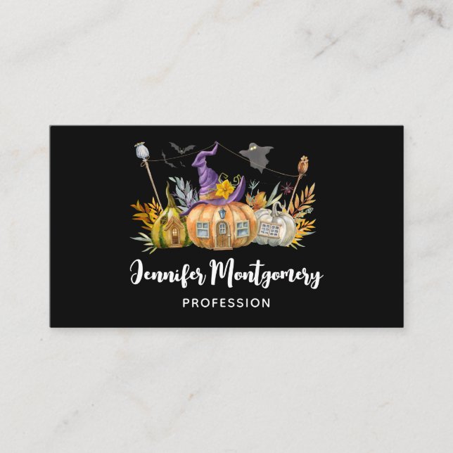 Haunted Pumpkin House with Ghost & Bats Business Card (Front)
