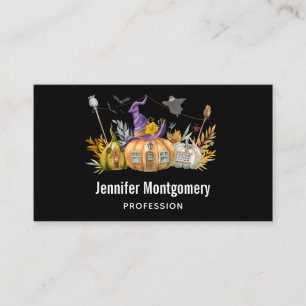 Haunted Pumpkin House with Ghost & Bats Business Card