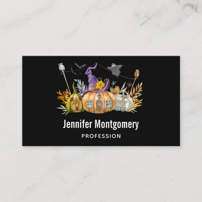Haunted Pumpkin House with Ghost & Bats Business Card (Front)