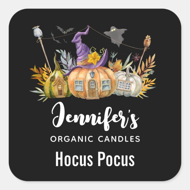 Haunted Pumpkin House with Ghost & Bats Candle Biz Square Sticker (Front)