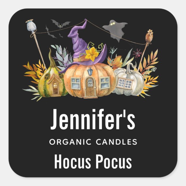Haunted Pumpkin House with Ghost & Bats Candle Biz Square Sticker (Front)