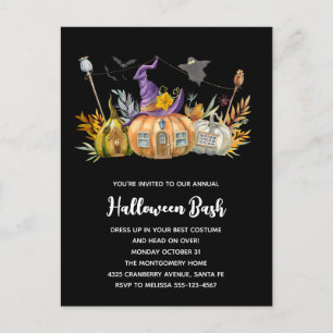Haunted Pumpkin House with Ghost & Bats Invitation Postcard