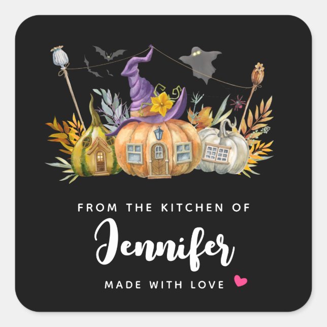 Haunted Pumpkin House with Ghost & Bats Kitchen Square Sticker (Front)