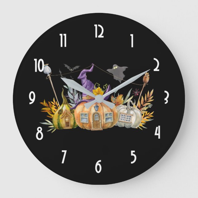 Haunted Pumpkin House with Ghost & Bats Large Clock (Front)