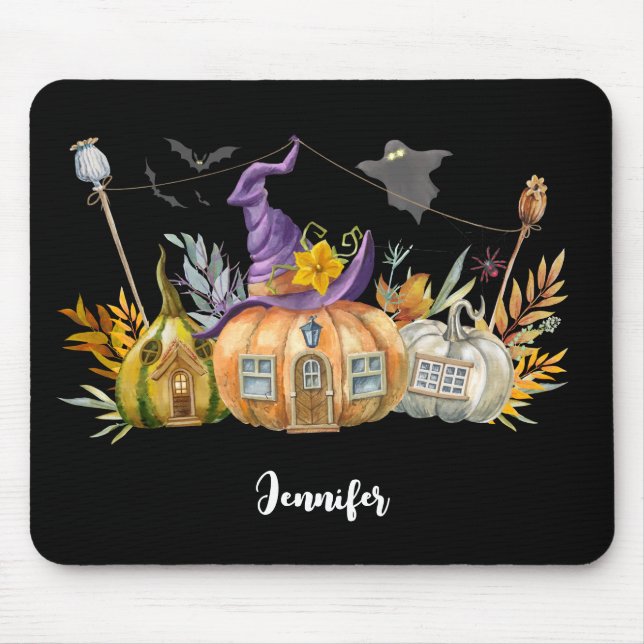 Haunted Pumpkin House with Ghost & Bats Mouse Mat (Front)