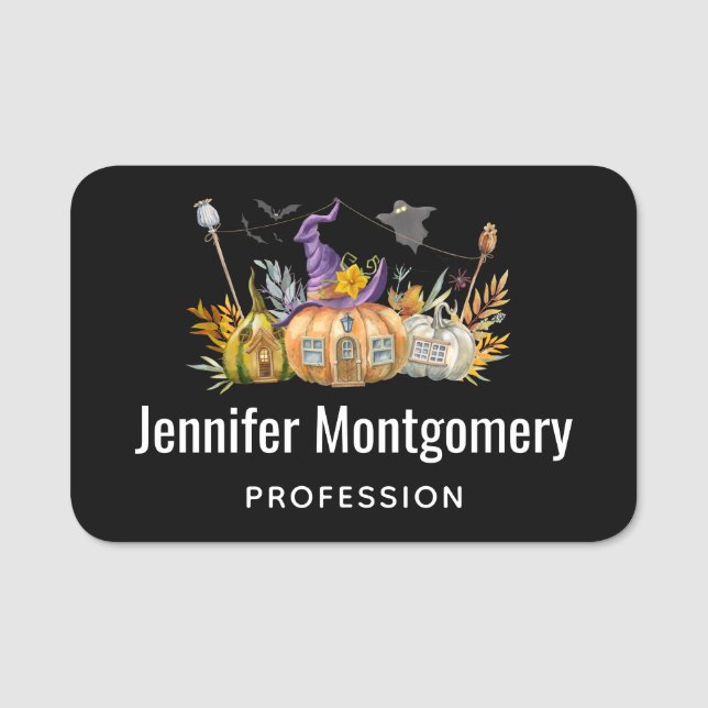 Haunted Pumpkin House with Ghost & Bats Name Tag (Front)